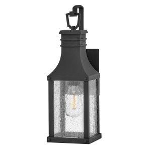 Hinkley Beacon Hill 1 light small outdoor wall lantern in museum black on white background, lit