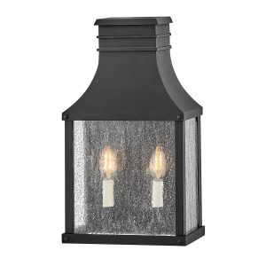 Hinkley Beacon Hill 2 light outdoor wall half lantern in museum black on white background, lit