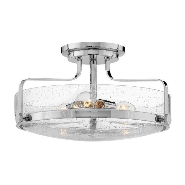 Hinkley Harper 3 light medium semi flush light in polished chrome with clear seeded glass on white background