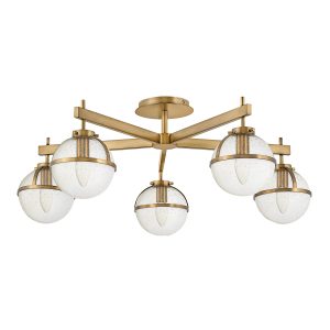 Hinkley Hollis large 5 light bathroom semi flush in heritage brass with seeded glass on white background.