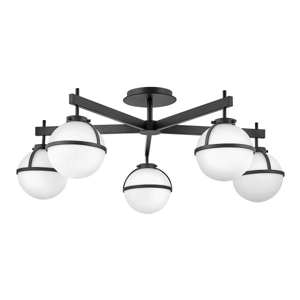 Hinkley Hollis large 5 light bathroom semi flush in black with opal glass shades on white background.