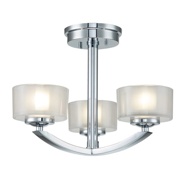 Hinkley Meridian Art Deco style 3 light bathroom semi flush in polished chrome on white background, lit.