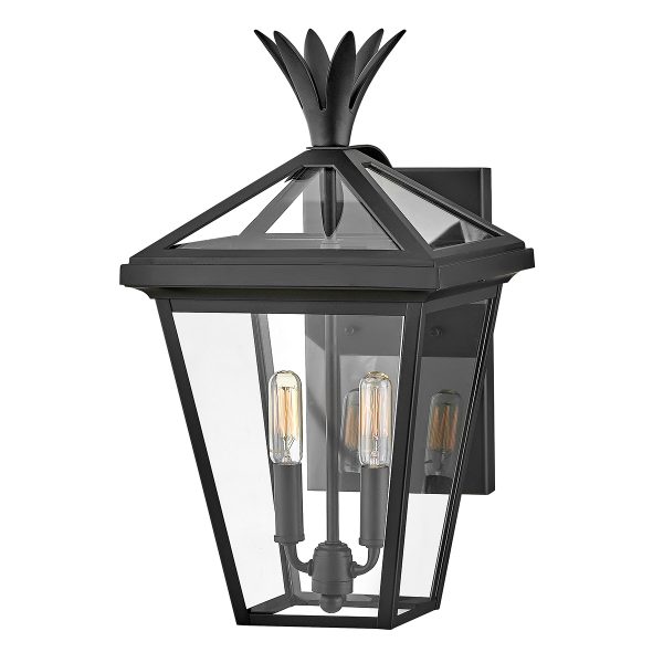 Palma 2 light medium outdoor wall lantern in classic black on white background, lit