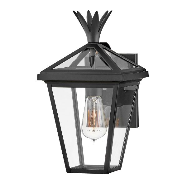 Palma 1 light small outdoor wall lantern in classic black on white background, lit