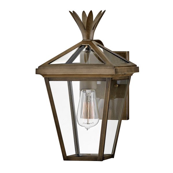 Palma 1 light small outdoor wall lantern in burnished bronze on white background, lit