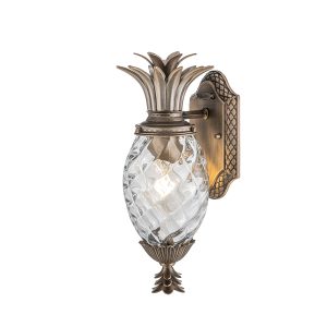 Plantation 1 light small outdoor wall lantern in burnished bronze on white background, lit