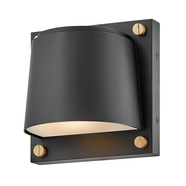 Scout small 1 light modern outdoor wall light in satin black on white background, lit