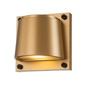 Scout small 1 light modern outdoor wall light in painted brass on white background, lit