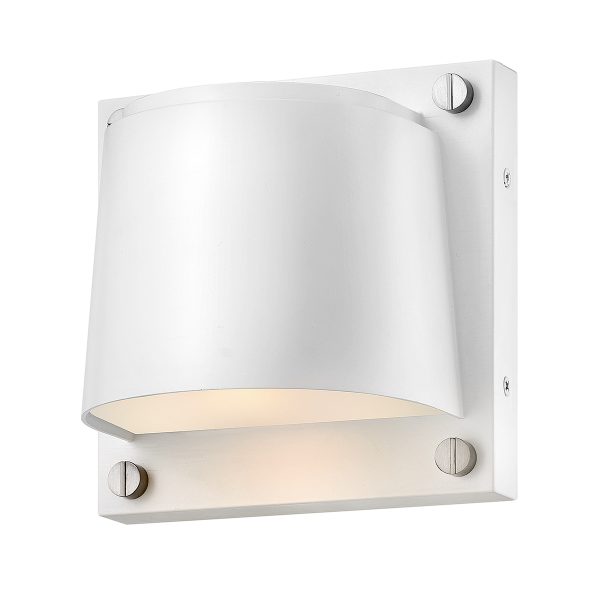 Scout small 1 light modern outdoor wall light in satin white on white background, lit