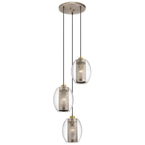 Kichler Asher antique pewter 3 light cluster pendant with clear glass shades, full height on white background.