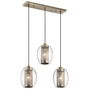 Kichler Asher antique pewter 3 light bar pendant with mesh shades, full height on white background.