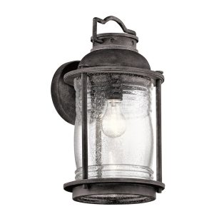 Kichler Ashland Bay 1 light large outdoor wall lantern in weathered zinc on white background.