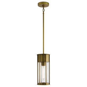 Kichler Camillo industrial outdoor pendant in painted natural brass, main image on white background.