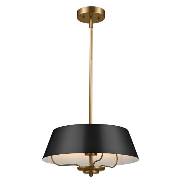 Luella duo mount 3 light pendant in brushed brass and matte black, full height on white background