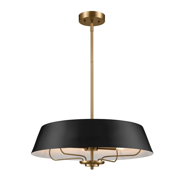 Luella duo mount 4 light pendant in brushed brass and matte black, full height on white background