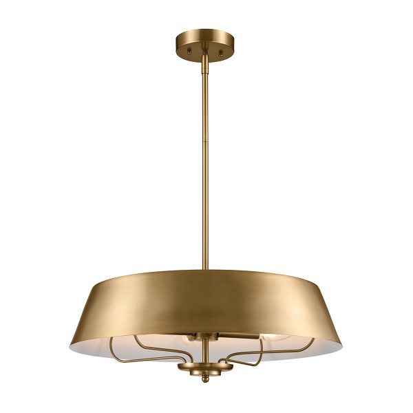 Luella duo mount 4 light pendant in brushed natural brass on white background, lit