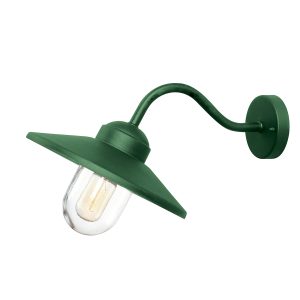 Klampenborg 1 lamp stainless steel outdoor wall light in fir green on white background, lit