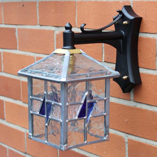 Bamburgh blue leaded glass outdoor wall lantern