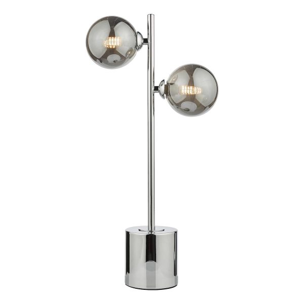 Spiral 2 light modern table lamp in polished chrome with smoked glass shades on white background