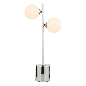Spiral 2 light modern table lamp in polished chrome with opal white glass shades on white background
