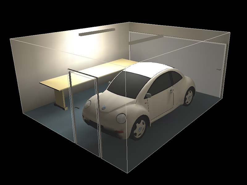 Relux screenshot showing result in single car garage with workbench