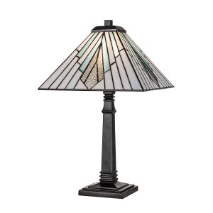 Alderley Art Deco style 1 light large Tiffany table lamp on white background, lit