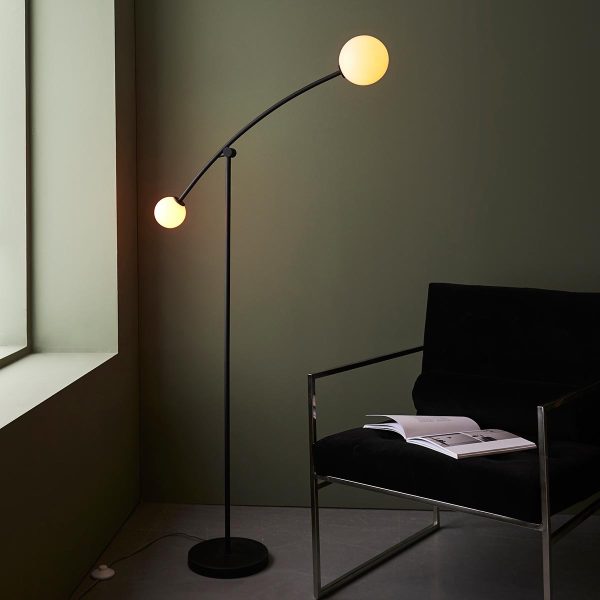 Adjustable arm 2 light floor lamp in matt black with opal glass shades main image