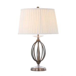 Elstead Aegean aged brass finish table lamp with pleated ivory shade on white background.