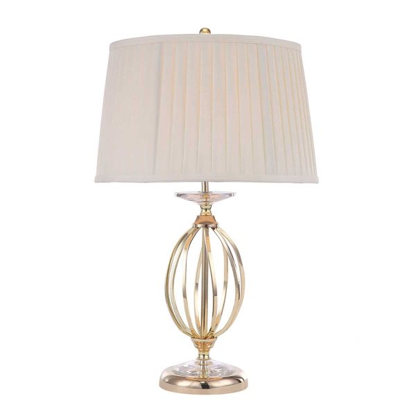 Elstead Aegean polished brass table lamp with pleated ivory shade on white background.