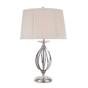 Elstead Aegean polished nickel table lamp with pleated ivory shade on white background.