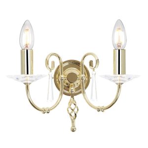 Elstead Aegean traditional twin wall light in polished brass on white background.