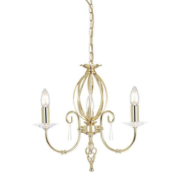 Elstead Aegean polished brass 3 light chandelier, shown with chain on white background.