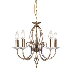 Elstead Aegean dual mount 5 light aged brass chandelier on white background.