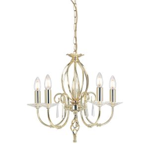 Elstead Aegean polished brass 5 light chandelier, on white background with chain.