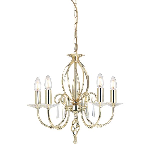 Elstead Aegean polished brass 5 light chandelier, on white background with chain.