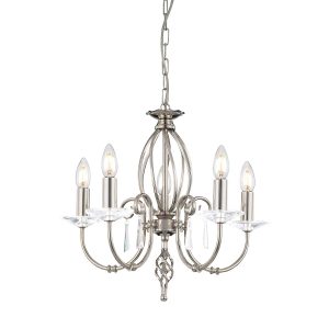 Elstead Aegean polished nickel 5 light chandelier on white background.