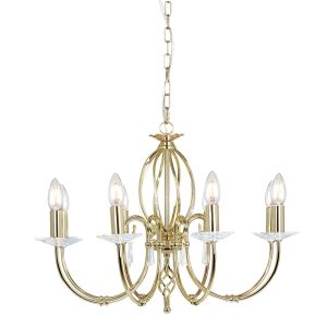 Elstead Aegean polished brass 8 light chandelier on white background.