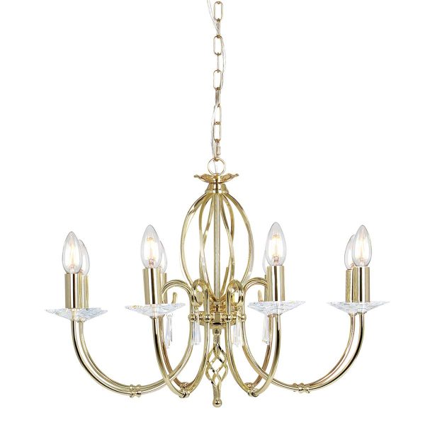 Elstead Aegean polished brass 8 light chandelier on white background.