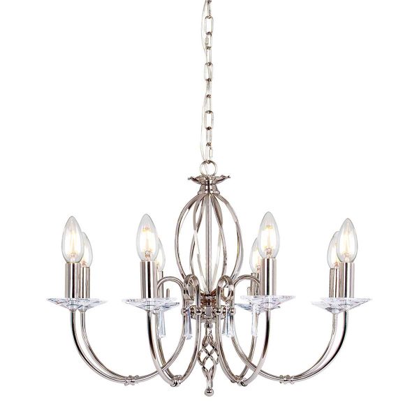 Elstead Aegean polished nickel 8 light chandelier on white background.