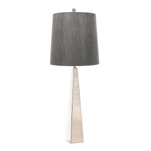 Elstead Ascent contemporary tapered polished nickel table lamp with dark grey shade, main image on white background.