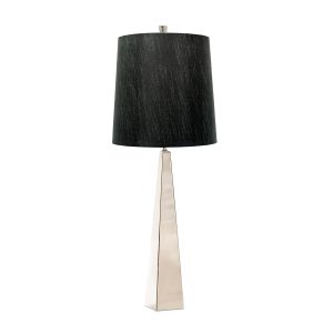 Elstead Ascent contemporary tapered polished nickel table lamp with black shade, main image on white background.