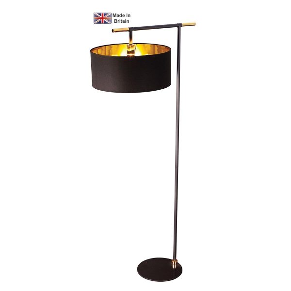 Elstead Balance 1 light modern floor lamp in black and polished brass on white background