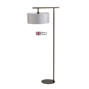 Elstead Balance 1 light modern floor lamp in dark brown with silver drum shade on white background