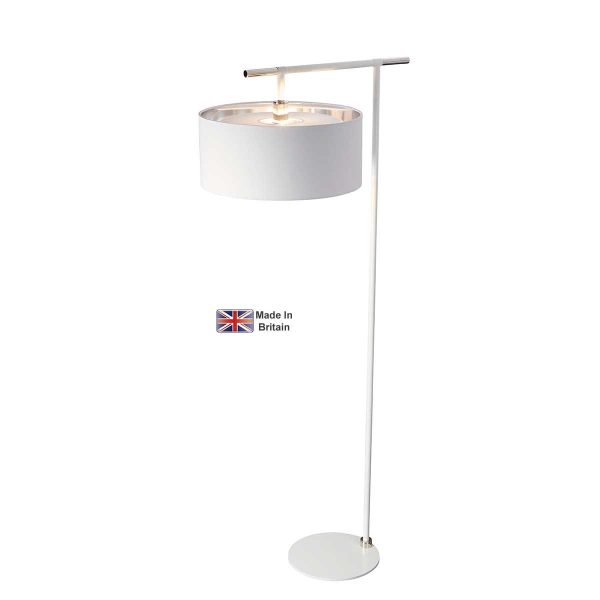 Elstead Balance 1 light modern floor lamp in white and polished nickel on white background