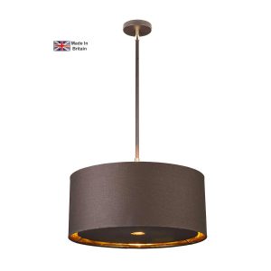 Elstead Balance modern single light pendant in brown and polished brass on white background