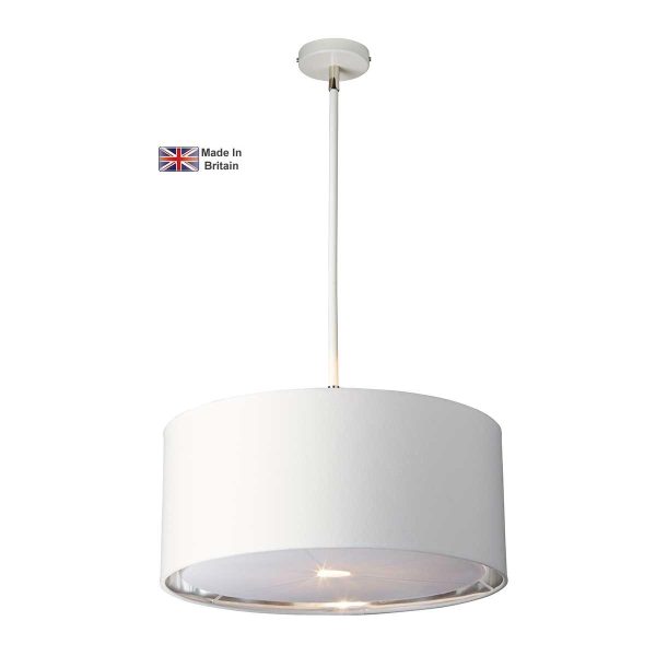 Elstead Balance modern single light pendant in white and polished nickel on white background