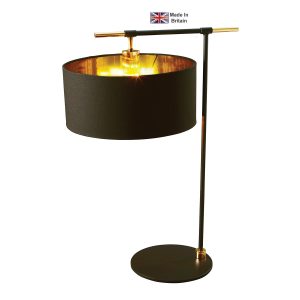 Elstead Balance 1 light modern table lamp in black and polished brass on white background