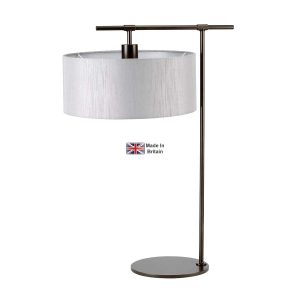 Elstead Balance 1 light modern table lamp in dark brown with silver drum shade on white background