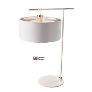 Elstead Balance 1 light modern table lamp in white and polished nickel on white background