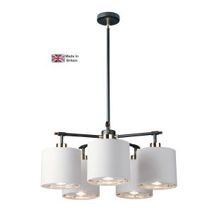 Elstead Balance modern 5 light chandelier in black and polished nickel on white background